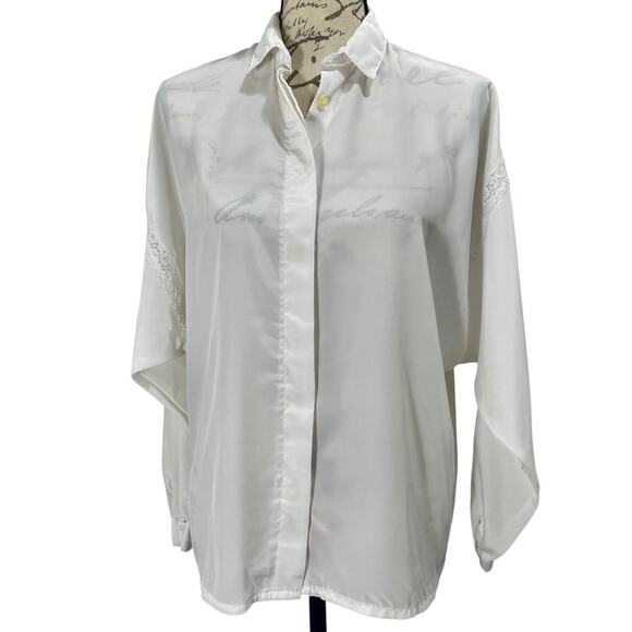 Vintage 90s English Rose White semi-sheer collared Button-Up Top with Lace Trim - Picture 7 of 7